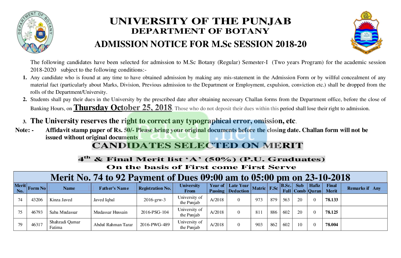 Punjab University Lahore (PU) - 4th And Final Merit List MSc Botany ...